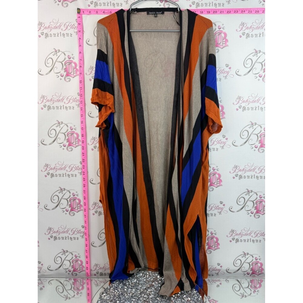 Sweet Rain cardigan Striped Open Front Duster in Rust, Royal Blue & Tan